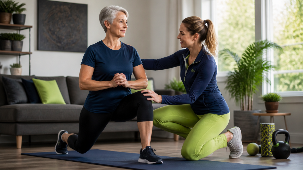 A Doctor of Physical Therapy guides an active adult through a lunge during an in-home session in California