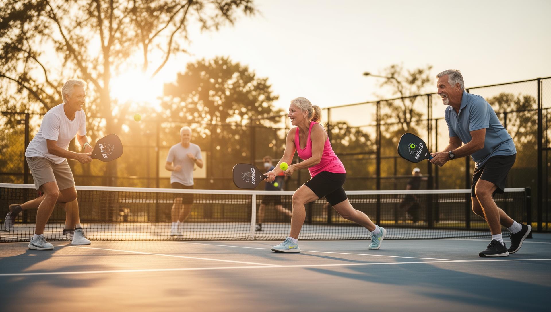 Active adults playing pickleball outdoors
