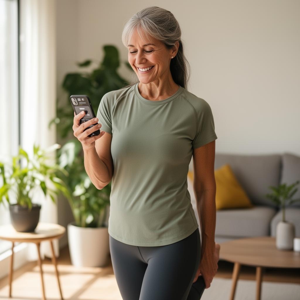 Active adult following her Kiva Precision Mobility program on her phone at home