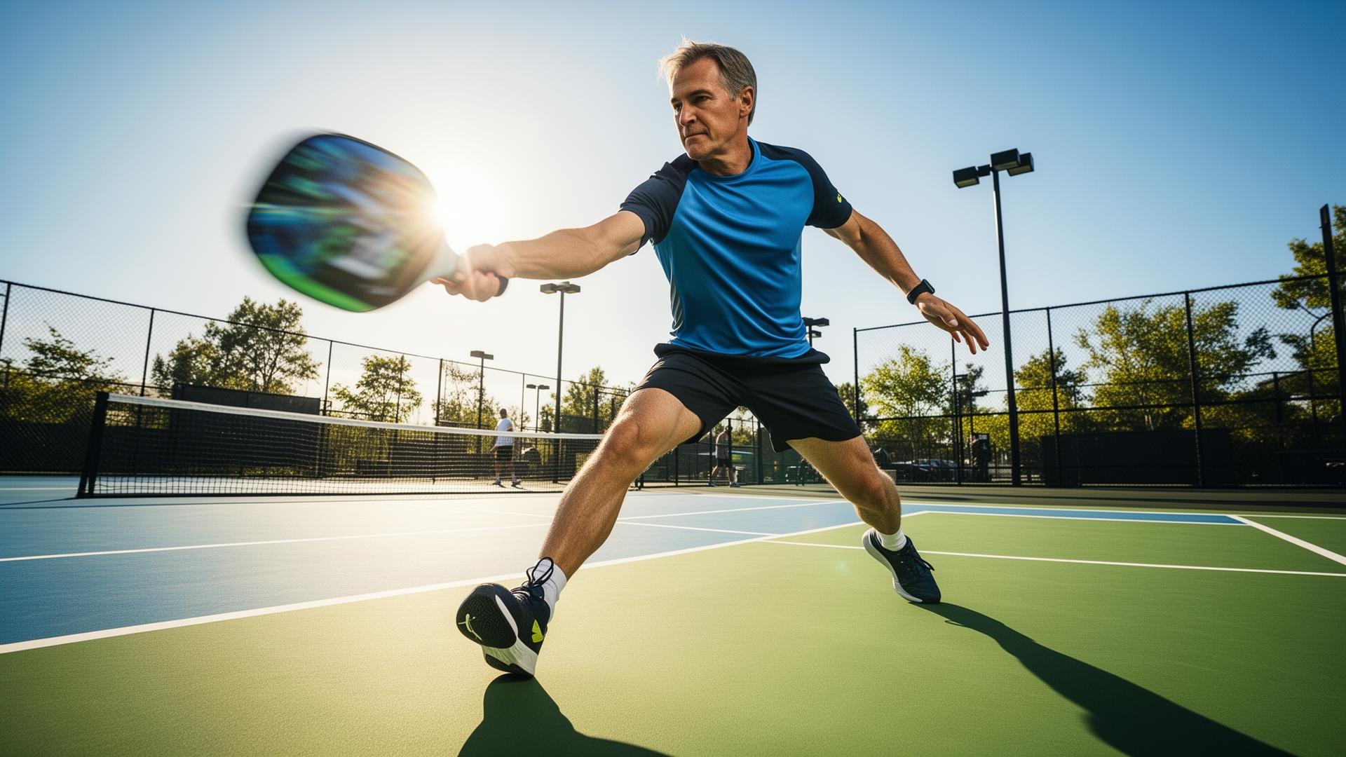 Active adult mid-swing on a pickleball court